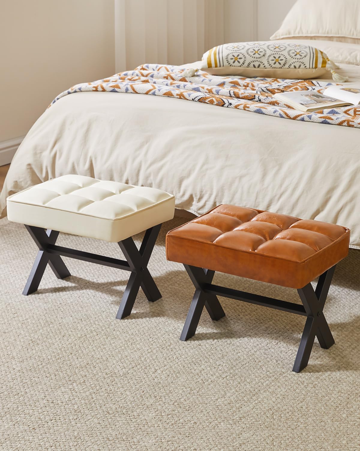 IBUYKE Small 12" H Footrest, Square PU Step Stool, White WBD012W