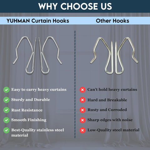Yuhman 120 Pack Metal Curtain Hooks – 3.3cm x 2.1cm Stainless Steel Pinch Pleat Curtain Hooks & Heavy-Duty Pin Hook– Ideal for Windows Curtains