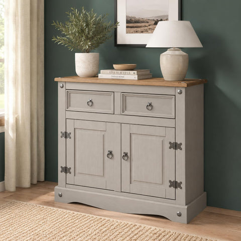 Corona Grey Sideboard 2 Door 2 Drawer Cupboard Mexican Solid Pine with Gunmetal Finish Hardware 76cm H x 87cm W x 40cm D