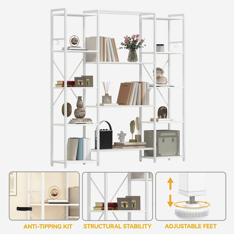DWVO Industrial Standing Bookcase, Wooden Standing Shelf and Metal Frame, Display Shelf for Living Room with 13 Shelves, Home Office, Pure White