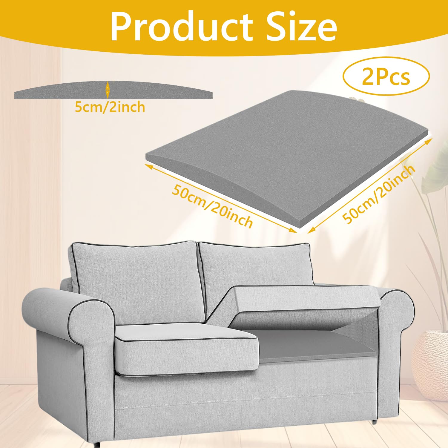 Cumnvulnt 2 Pcs Sofa Cushion Support, High Density Sponge Sofa Support Boards, 50 x 50cm for Sagging Seat, Sofas Foam Cushions Replacement (grey)