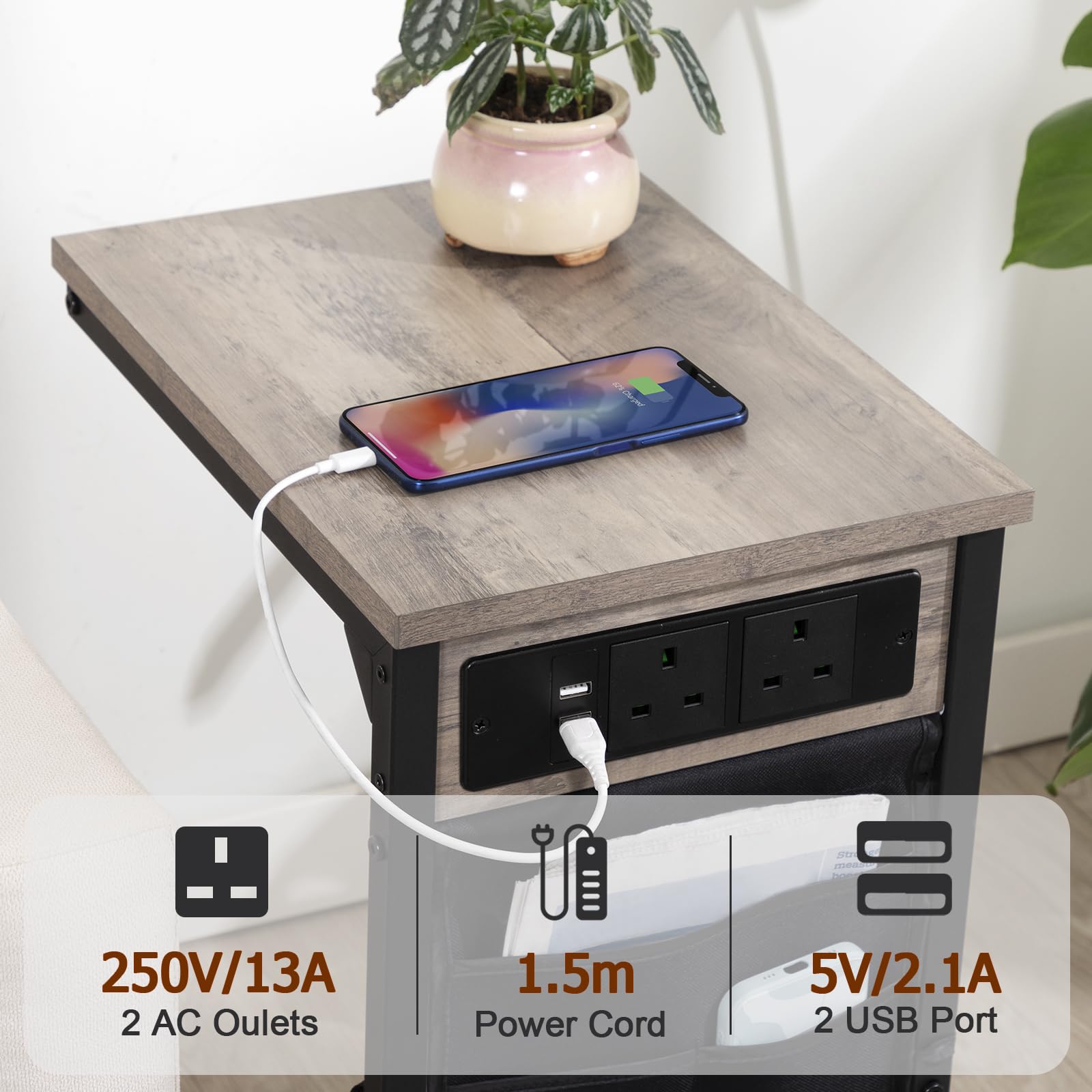 AMHANCIBLE C-Shaped Side Table, Side Table with Charging Station