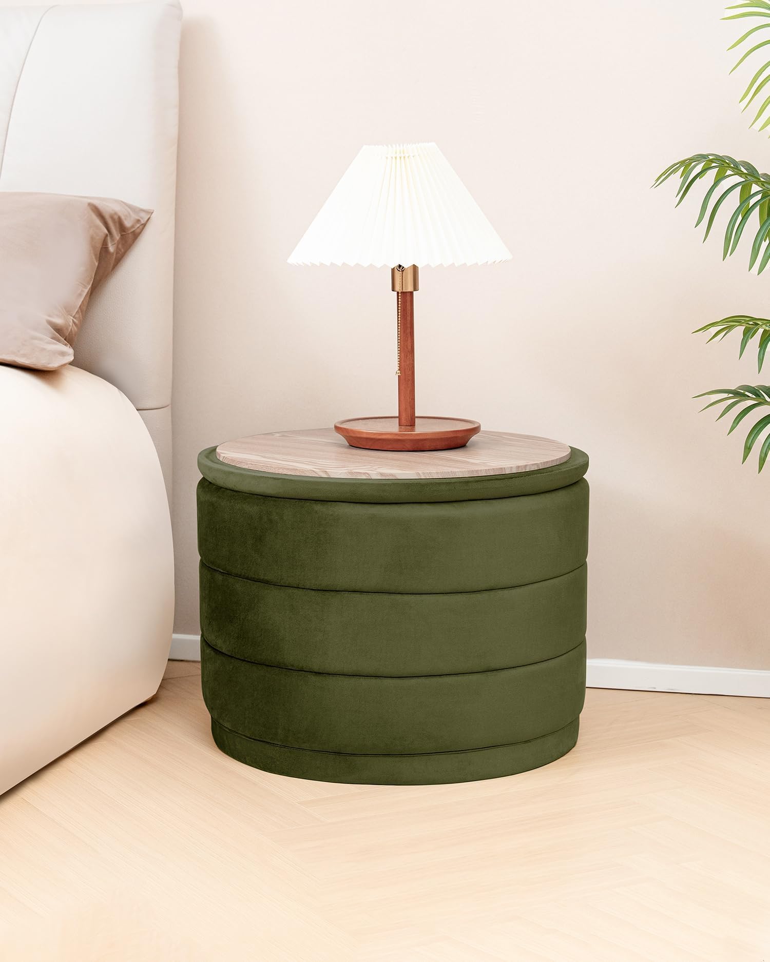 Bonlife Large Storage Ottoman Round - Folding Foot Rest with Hidden Storage, Olive Velvet 58x58x44cm for Living Room, Bedroom & Hallway