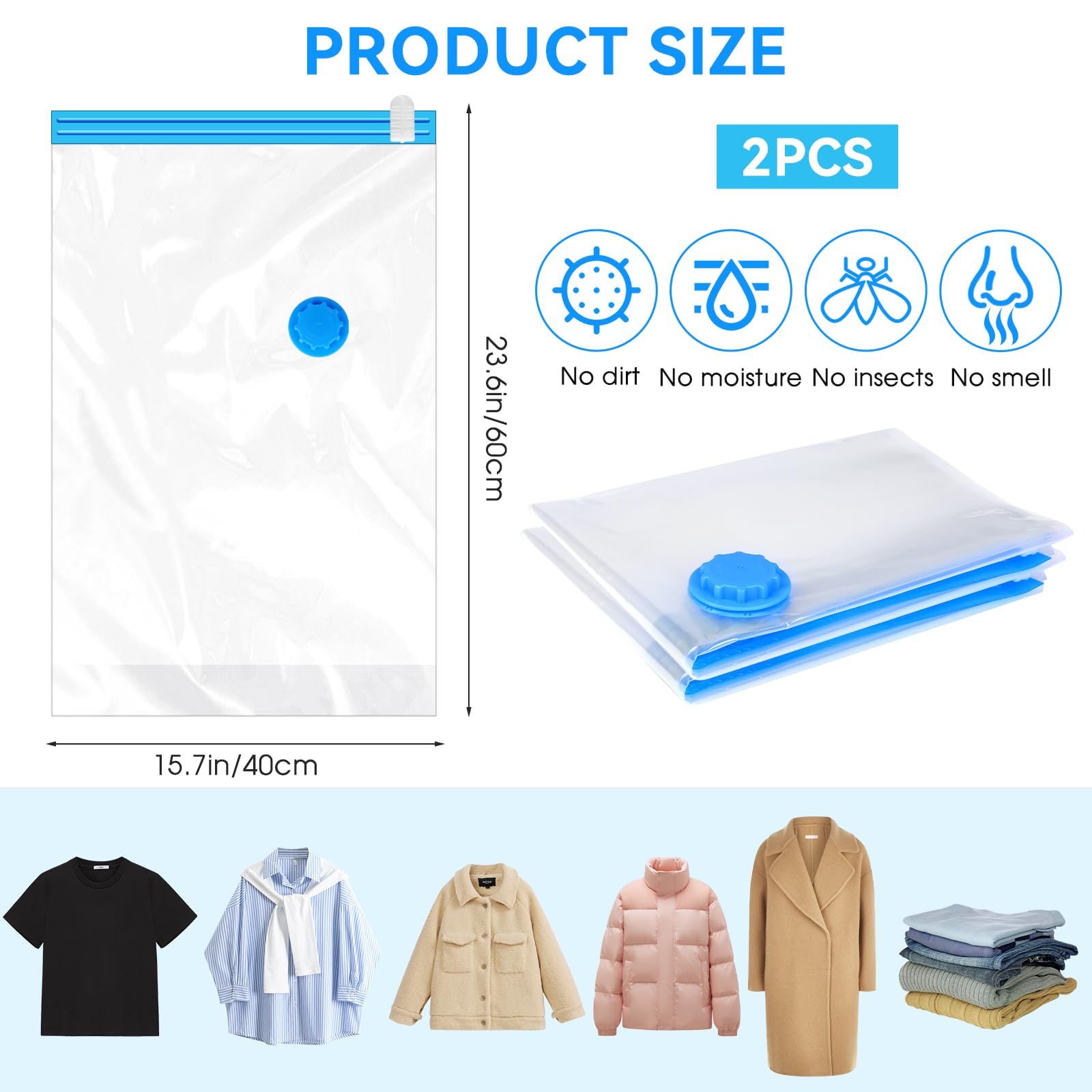 2Pack Vacuum Storage Bags for Clothes, 40x60cm Travel Space Saver