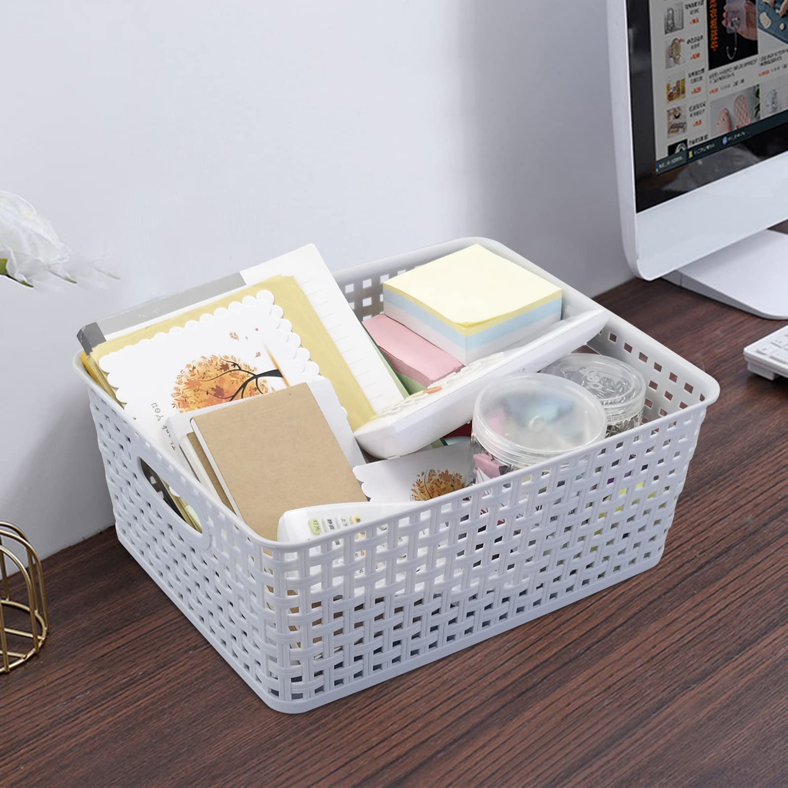 Cadineer Plastic Woven Storage Basket, Grey Organizer Basket Box Set of 6