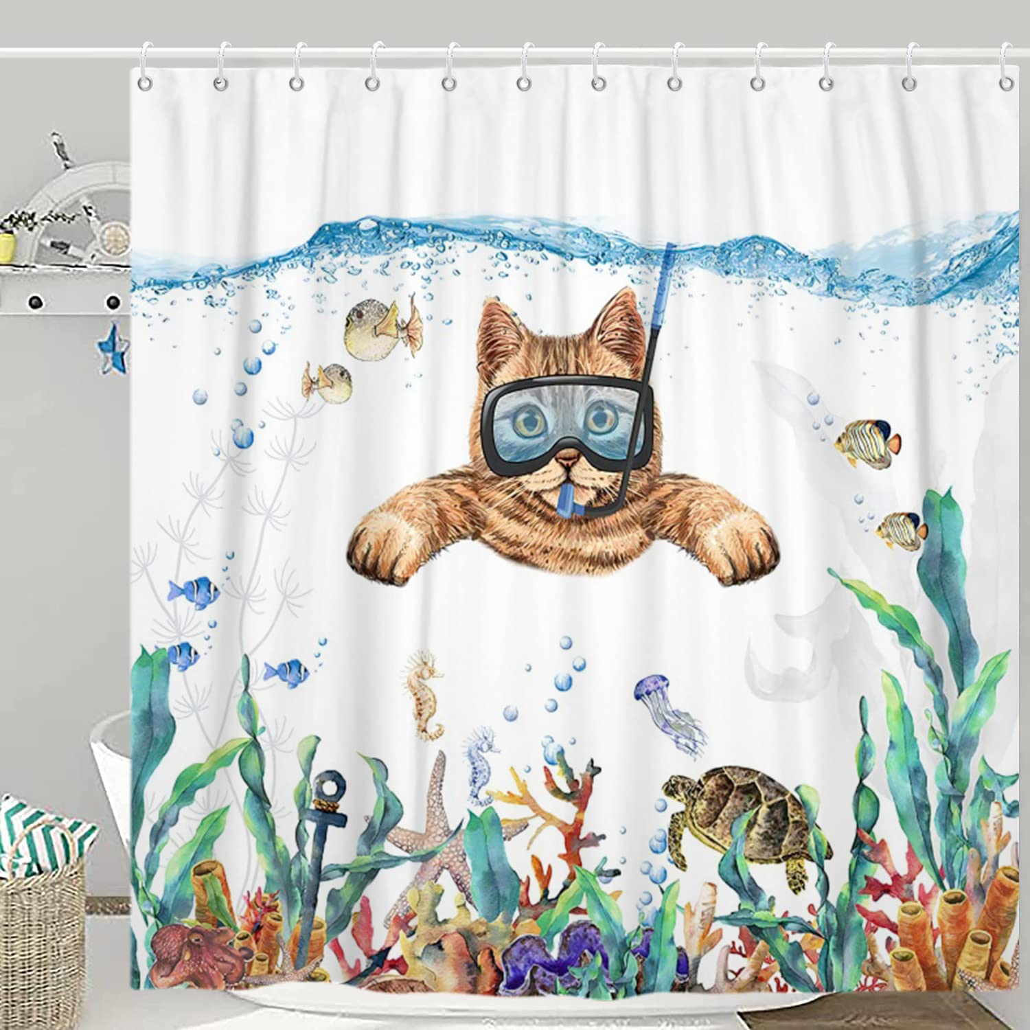 GCIREC Shower Curtain, 180x180cm, Abstract Cute Cat Funny Kitten Diving in Ocean Tropical Sea Turtle Starfish Waterproof Fabric Machine Washable