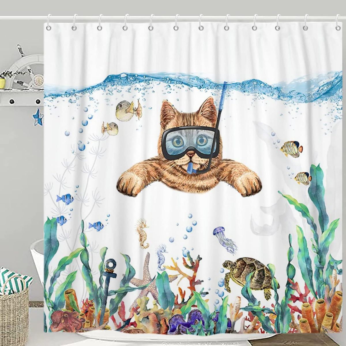 GCIREC Shower Curtain, 180x180cm, Abstract Cute Cat Funny Kitten Diving in Ocean Tropical Sea Turtle Starfish Waterproof Fabric Machine Washable