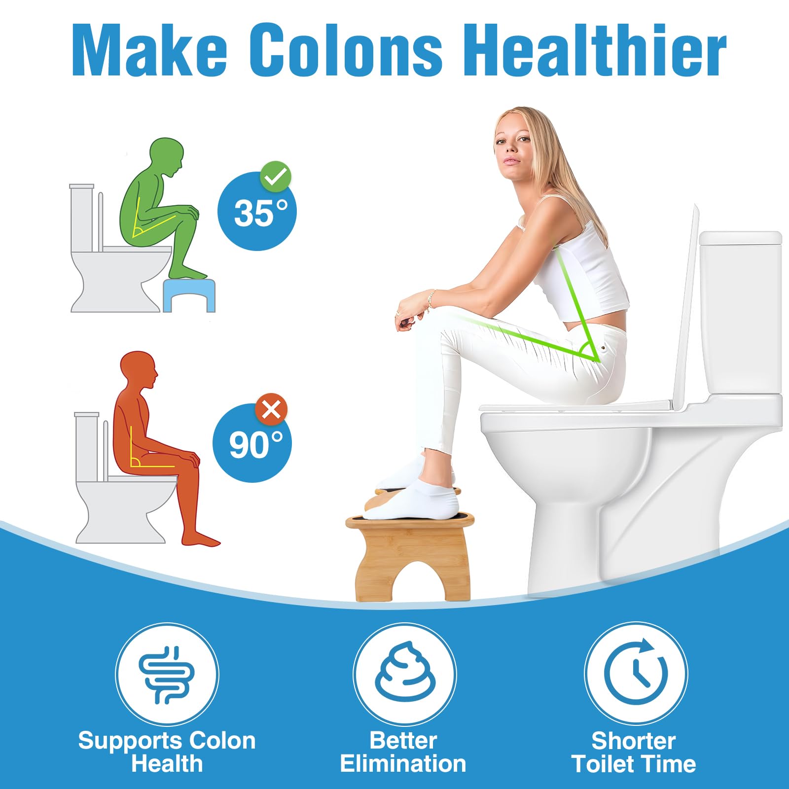 Bamboo Toilet Stool for Bathroom, 7 Inches Foldable Poop Stool with Non-Slip Pads