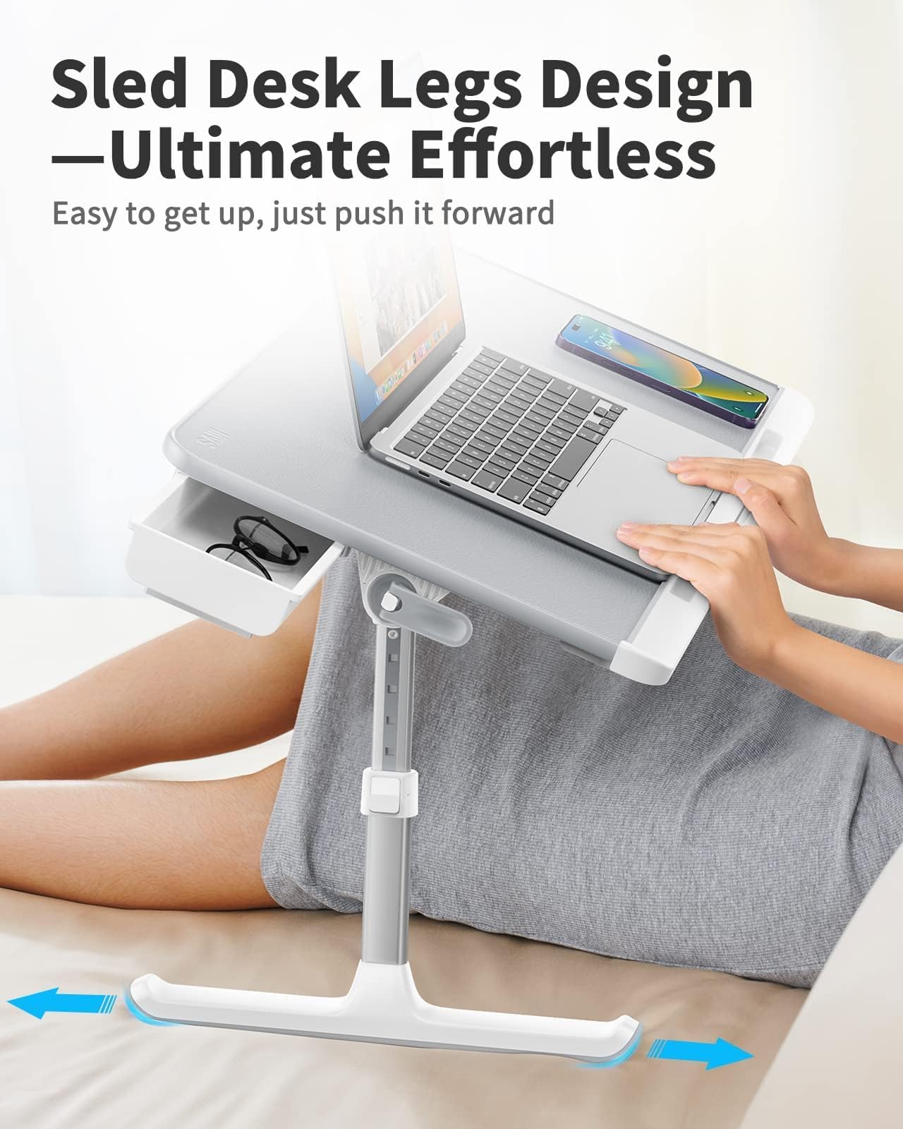 SAIJI Laptop Bed Tray Table, Adjustable PVC Leather Laptop Bed Table, Portable Standing Desk with Storage Drawer