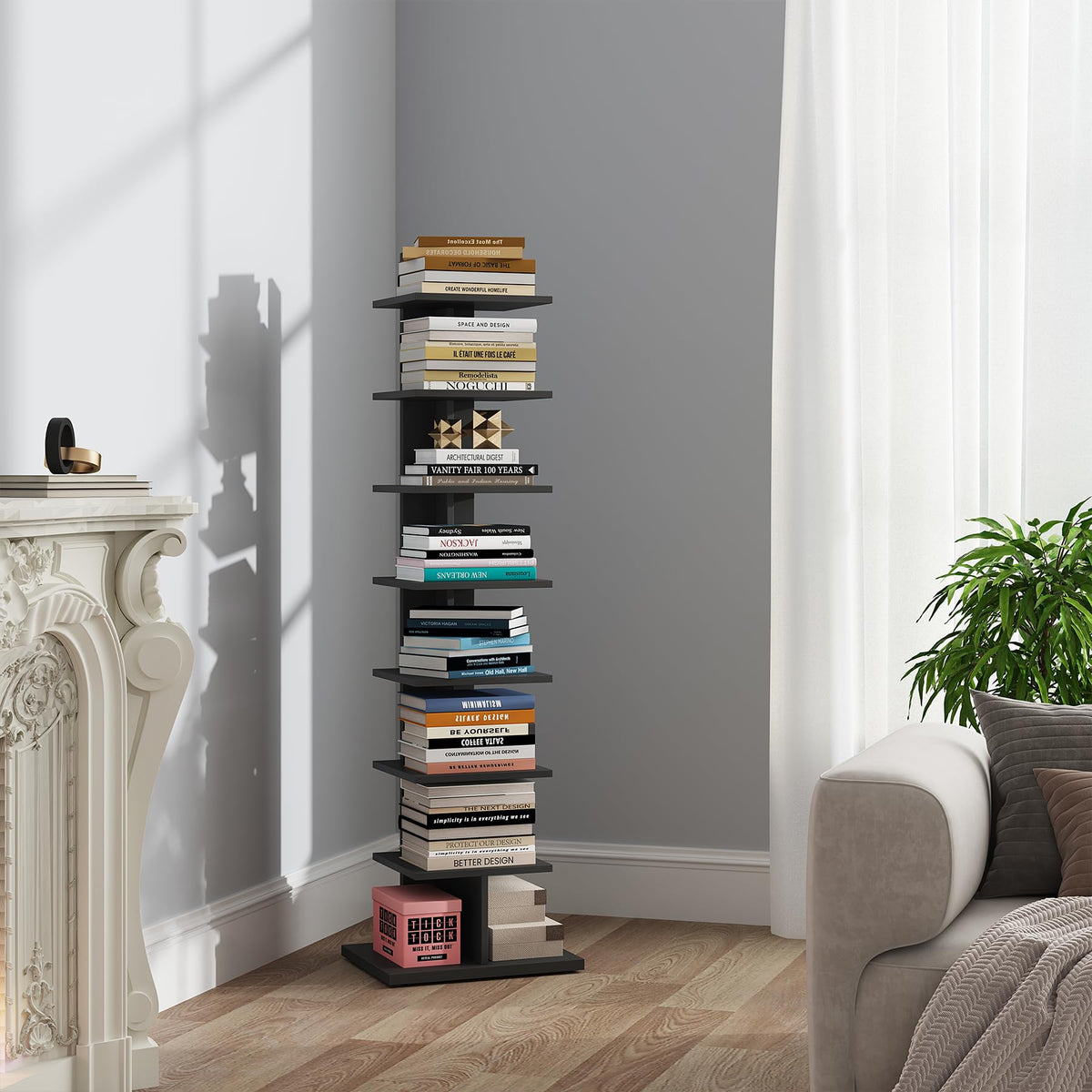 TUTOTAK Vertical Bookshelf, 8-Tier Bookcase, Narrow Spine Book Shelf for Small Space, Corner Standing Shelf for Living Room, Office, Study, Entryway