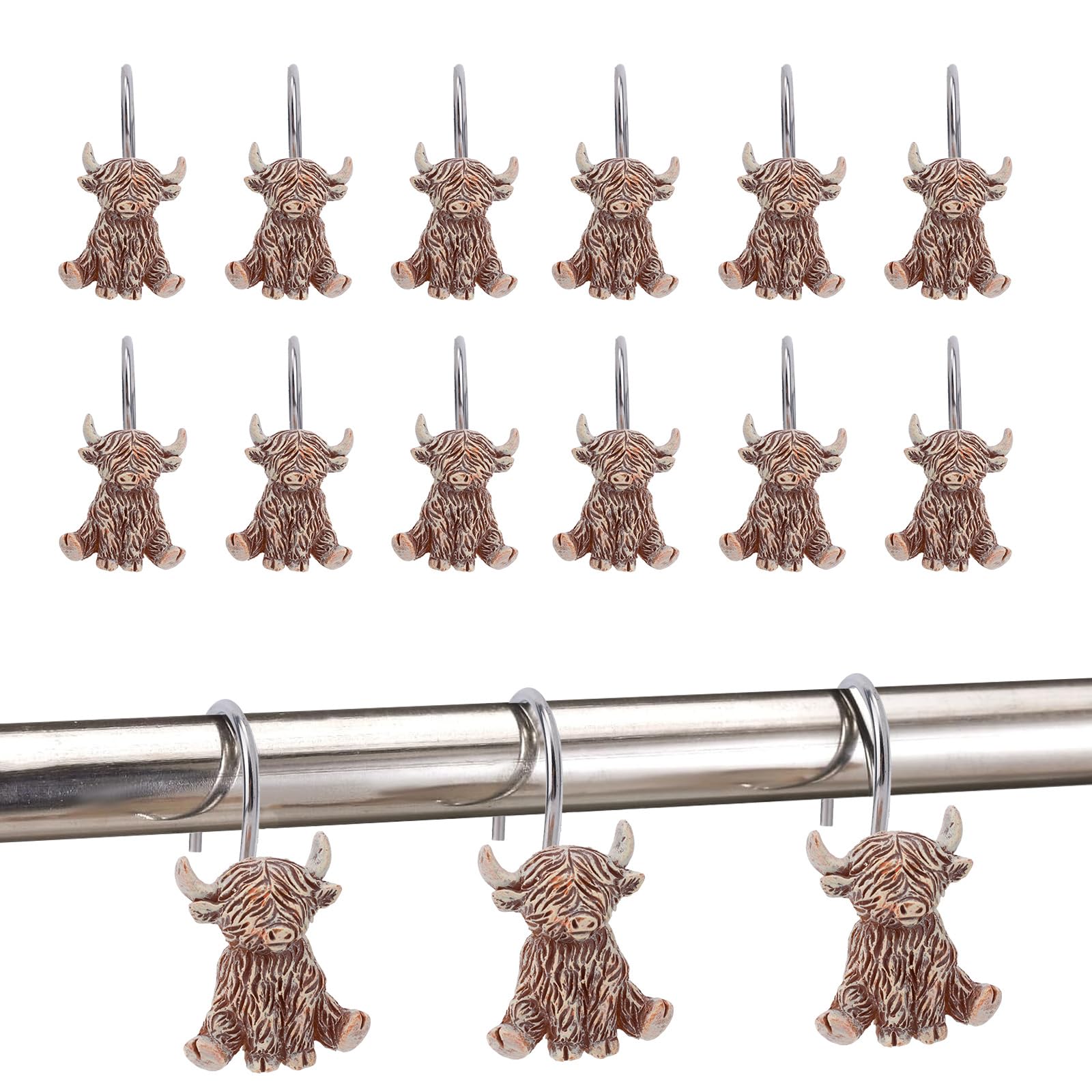 Fukaisu 12pcs Highland Cow Shower Curtain Hooks, Rustic Western Highland Cow Bathroom Shower Curtain Hooks Cute Resin Hangers Suitable for Bathroom