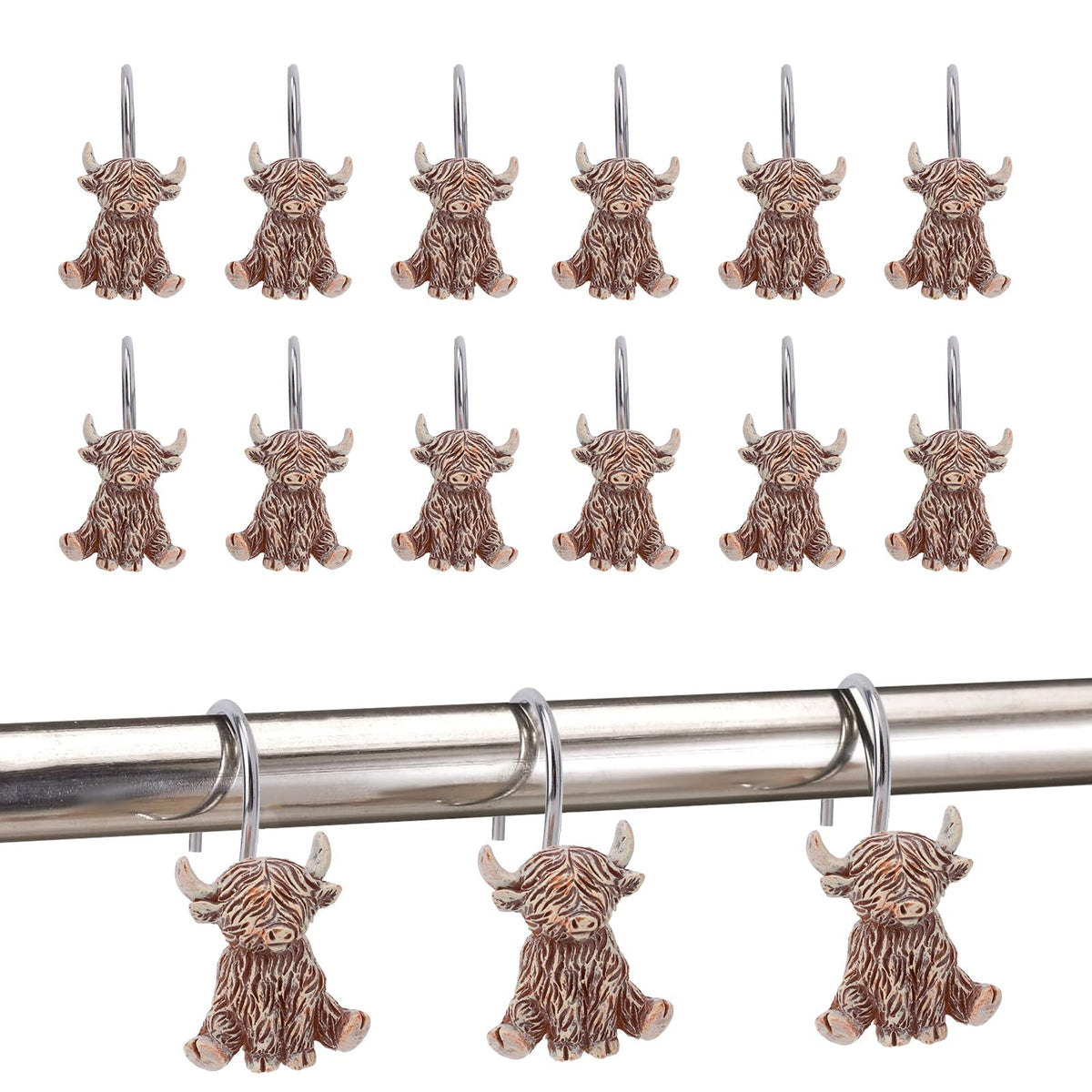 Fukaisu 12pcs Highland Cow Shower Curtain Hooks, Rustic Western Highland Cow Bathroom Shower Curtain Hooks Cute Resin Hangers Suitable for Bathroom
