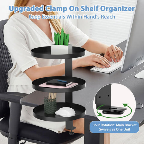 ROLIZOE 3 Tier Clamp On Desk Shelf Organiser with 25cm Adjustable Metal Storage Tray Above or Under Desk Storage 360 Rotating Shelving Rack No