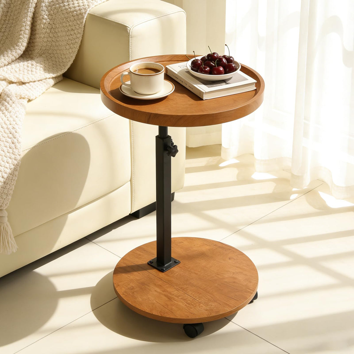 YYW C Shaped End Table Adjustable Height, Couch Tables That Slide Under for Small Spaces, 360°Swivel TV Tray Table