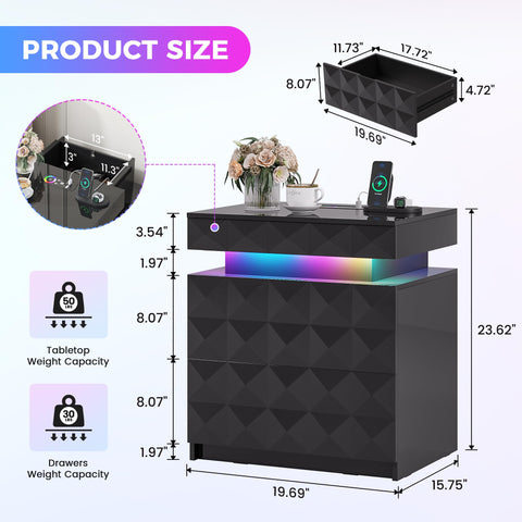 FREDEES RGB Bedside Table with Hidden Drawer for Bedroom, Black