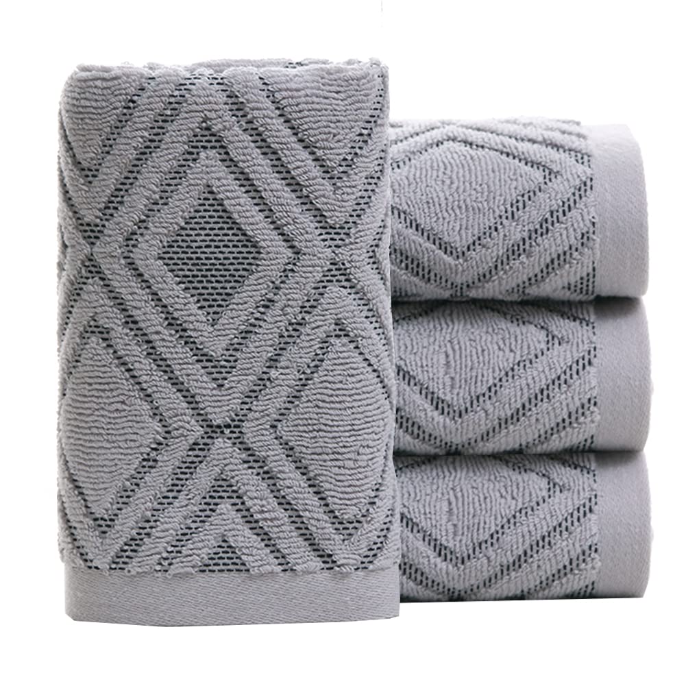 Pidada Hand Towels Set of 4 Diamond Pattern 100% Cotton Absorbent Soft Decorative Towel for Bathroom (Gray)