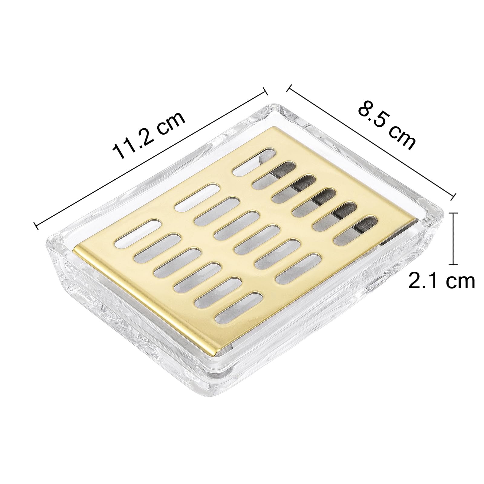 Glass Soap Dish (11.3 x 8.5 x 2.4cm) Stainless Steel Soap Holder for Bathroom and Shower Double Layer Draining Soap Box (Gold tray)