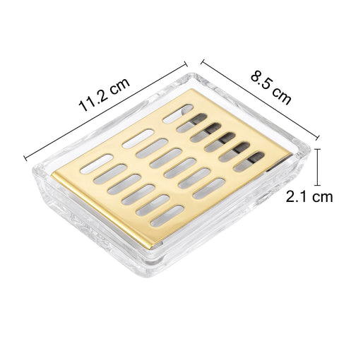 Glass Soap Dish (11.3 x 8.5 x 2.4cm) Stainless Steel Soap Holder for Bathroom and Shower Double Layer Draining Soap Box (Gold tray)