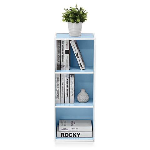 Furinno LUDER Book Shelf, 3-Cube Bookshelf, Bookcase, 9.3 x 12 x 31.5, for Living Room, Bedroom, Home Office, White/Light Blue