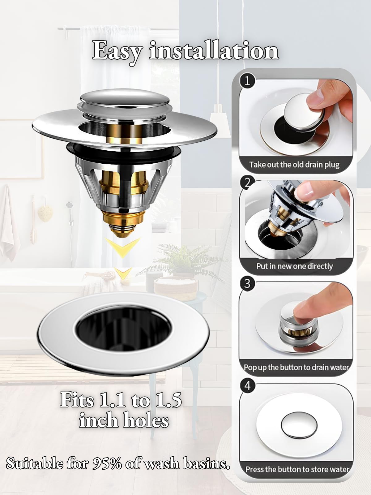 Megory Sink Plug Replacement, Pop up basin plugs,Universal sink stopper, Stainless Steel Drain for Kitchen and Bathroom,Bath,Basin(A)