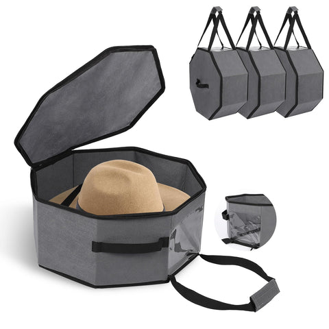 GarveeMore 3 Pack Hat Box for Travel Cowboy Hat Travel Case Carrier Bag with Shoulder Strap, 42x42x19cm Collapsible Cap Case with Cardboard
