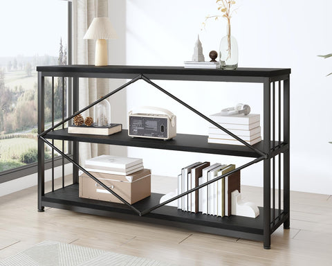 IBF Low Horizontal Book Shelf, Industrial Modern 3 Tier Bookshelf, Farmhouse Short Open Storage Organizer Long Shelf
