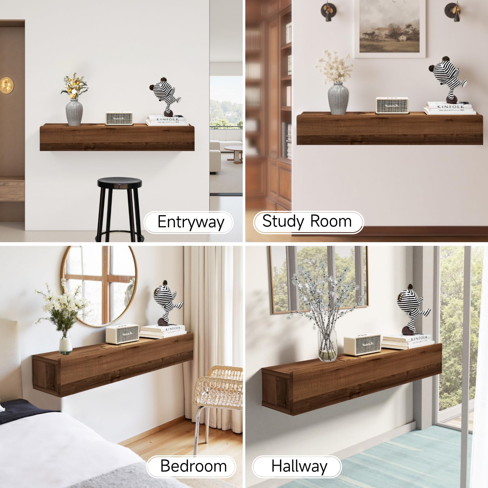 Pmnianhua Floating Solid Wood Console Table, Wall Mounted Narrow Entryway Table with Storage Shelf