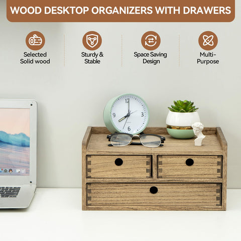 KIRIGEN Wooden Desk Organiser with 3 Drawers and Shelf, Brown