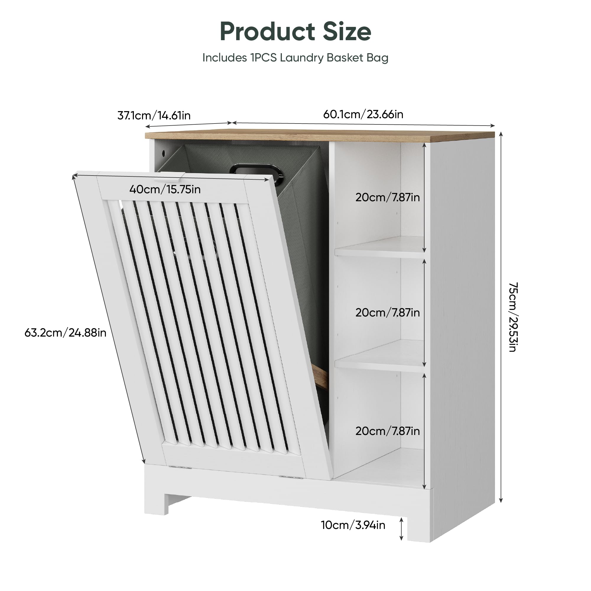 Smart FENDEE Tilt Out Laundry Hamper Cabinet with Louvered Door and Side Shelf, Bathroom Storage Cabinet with Removable Clothes Bin, 60 x 37 x 75 cm