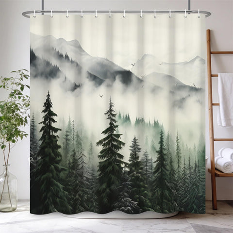 Kzzfqxb 90x183cm Foggy Shower Curtains with Hooks, White Mist Mountains Pine Trees Forest Woodland Landscape Scenery Occluded Waterproof for Bath