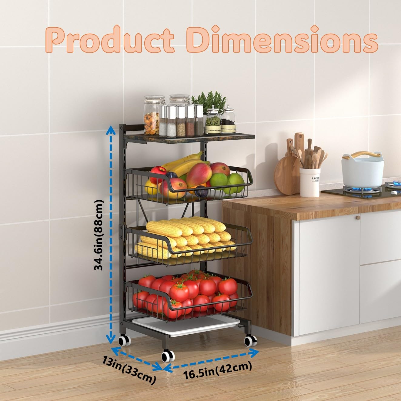 Metal Wire Adjustable Fruit Vegetable Basket on Wheels, 4-Tier Rolling Kitchen Utility Cart Storage Organizer with Wooden Top
