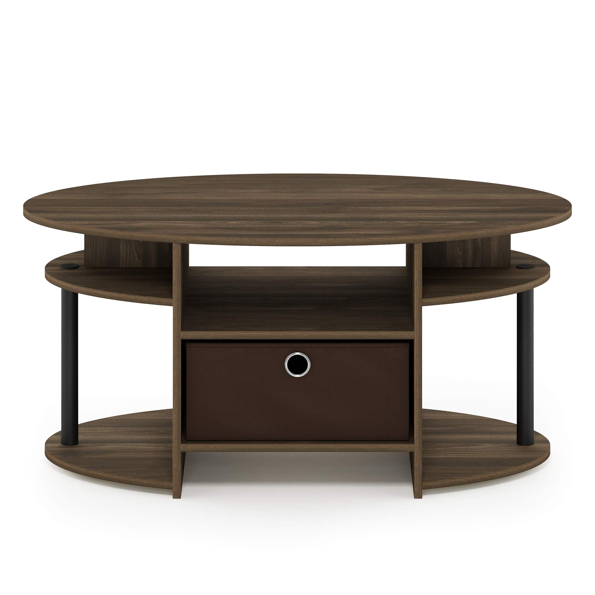 Furinno JAYA Coffee Table, Oval Modern Coffee Table with Shelves and Storage Bin, Side Table, for Living Room, Bedroom, Home Office, Columbia Walnut