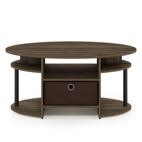 Furinno JAYA Coffee Table, Oval Modern Coffee Table with Shelves and Storage Bin, Side Table, for Living Room, Bedroom, Home Office, Columbia Walnut