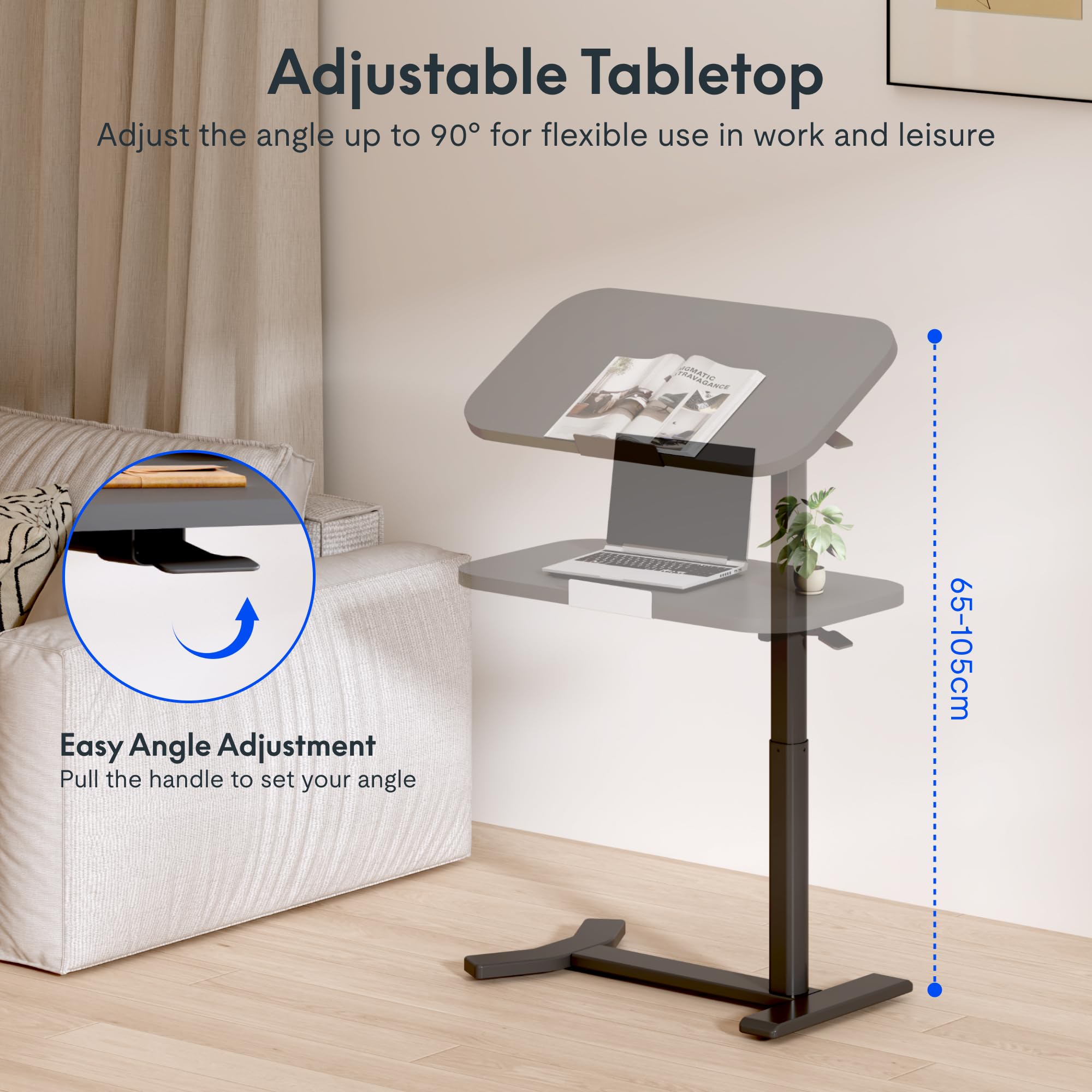 FLEXISPOT Overbed Table with Wheels, Adjustable Height Bedside Table, Rolling Laptop Desk for Bed Sofa, Small Standing Desk 75 x 40 cm