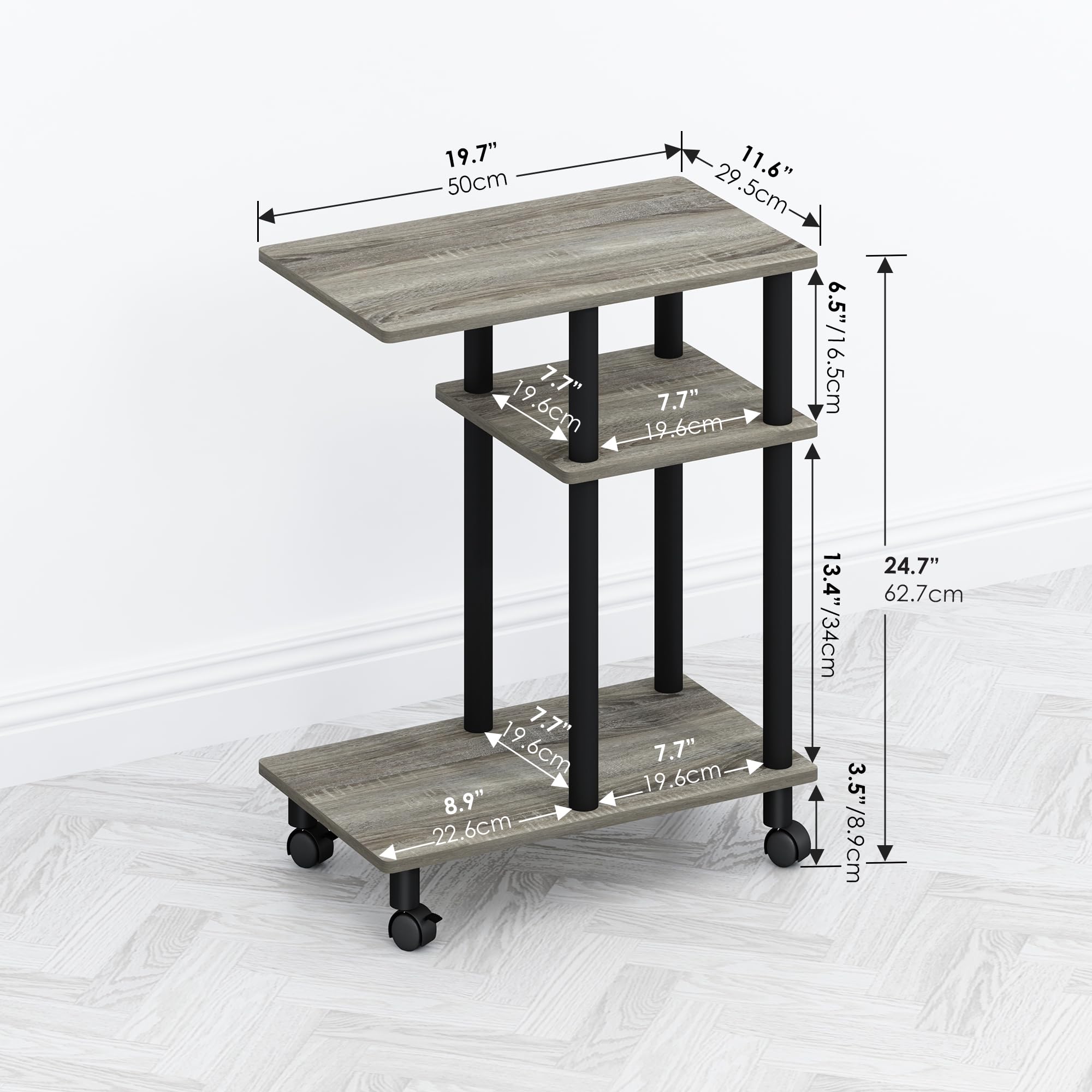 Furinno TOMI Side Table, 3-Tier C-Shape Open Shelf End Table with Wheels, Night Stand, Bedside Table, Toolless Assembly, for Living Room, Bedroom