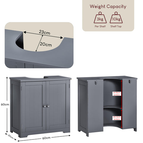 Bath Vida Priano 2 Door Bathroom Under Sink Floor Cabinet | Grey | Space-Saving Storage | 60H x 60W x 30D cm | Adjustable Shelf | Freestanding