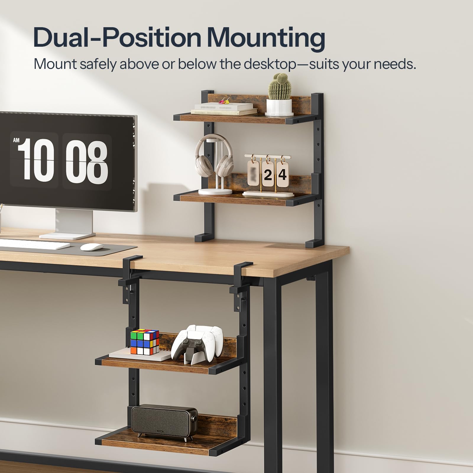HOOBRO Clamp On Desk Shelf, 2-Tier Desktop Organizer, Space-Saving Desk Hutch with Adjustable Shelves, for Office, Study, Entertainment Accessories