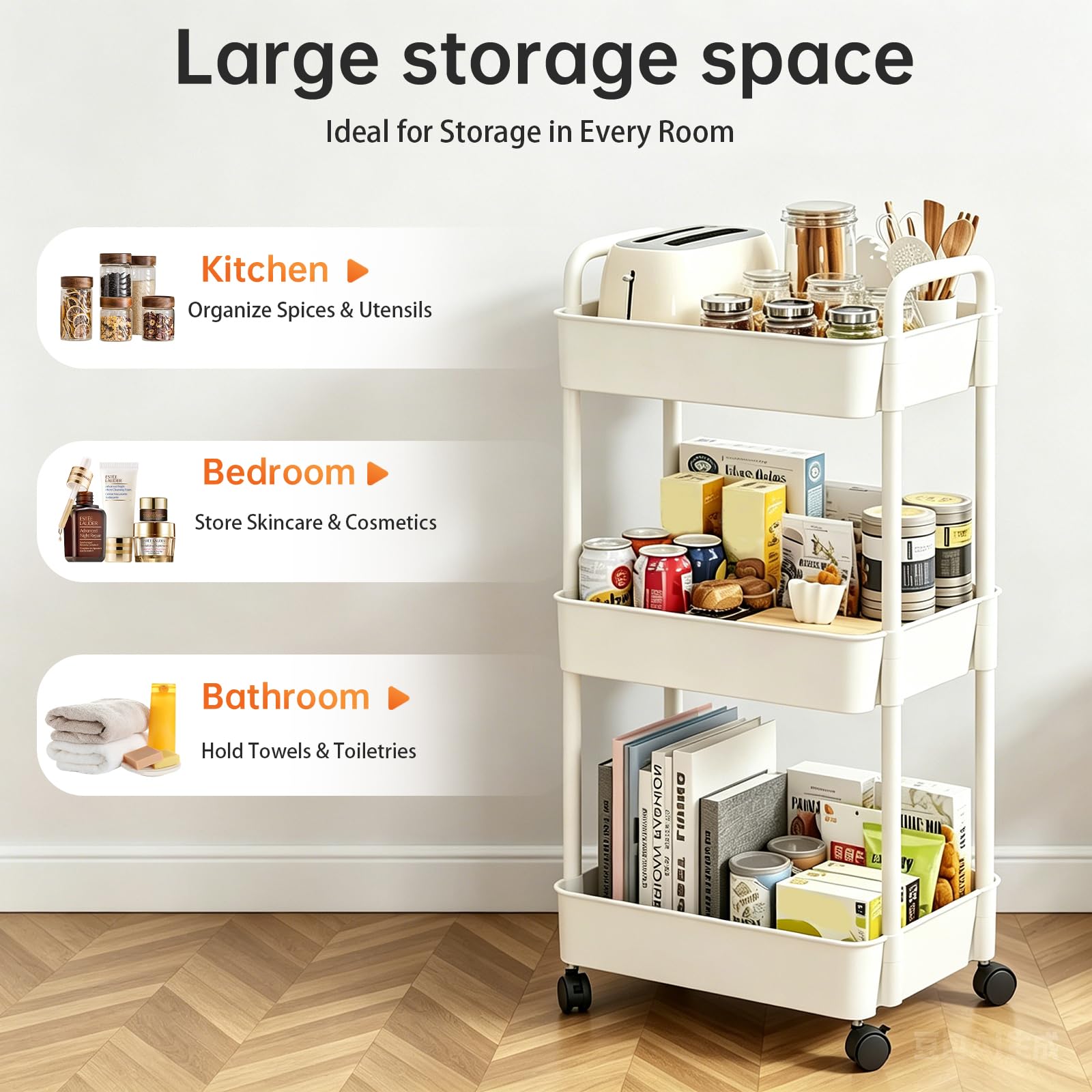 3-Tier Storage Trolley on Wheels, Metal & Plastic Kitchen Utility Cart with Handle – Slim Rolling Mobile Shelving Organiser for Bathroom, Office