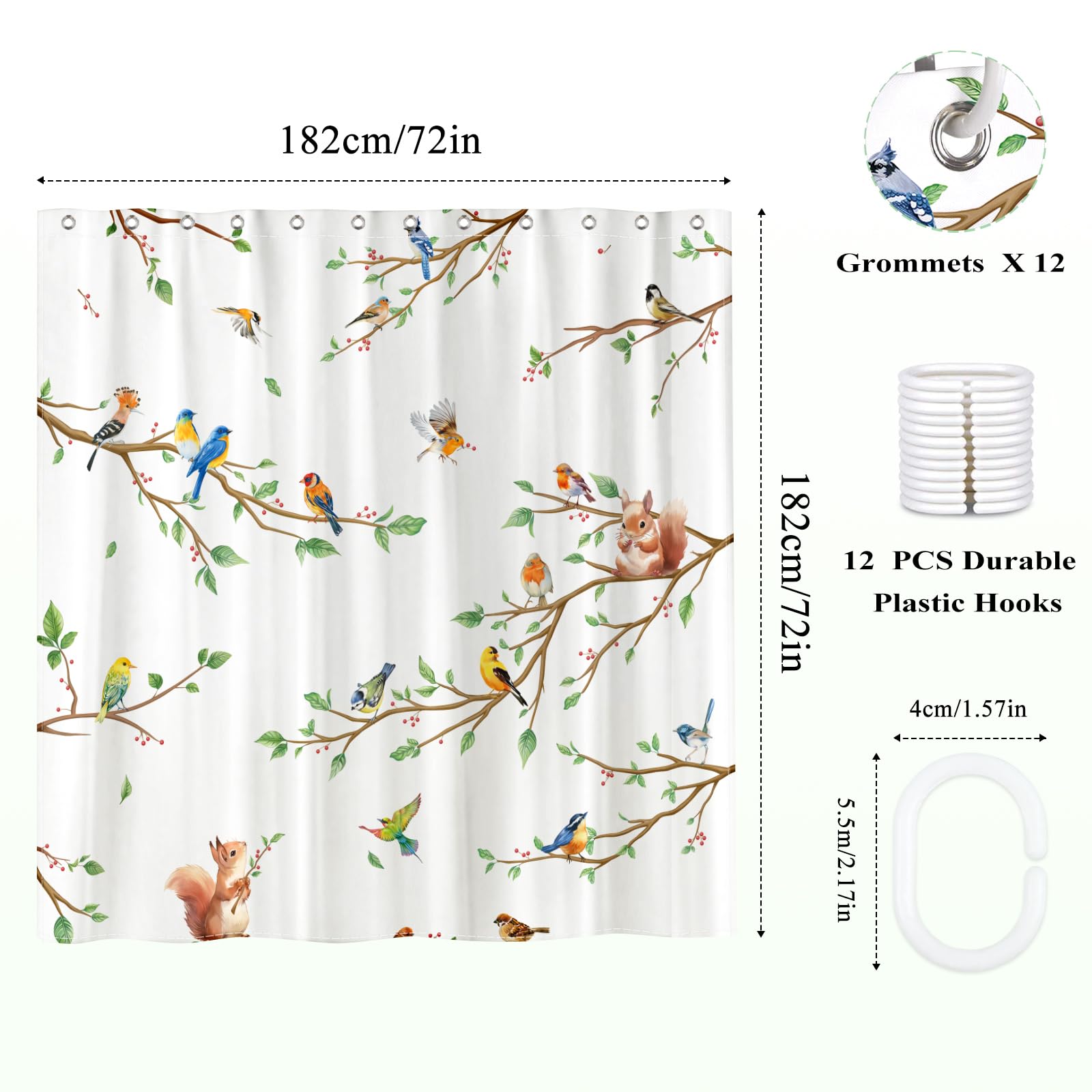 Arquiel Bird Branch Shower Curtain Sets, Waterproof Polyester Squirrel Fabric Shower Curtains with 12 Hooks for Bathroom Home Decoration