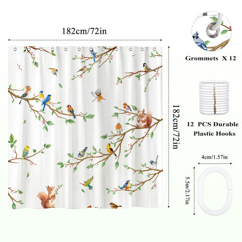 Arquiel Bird Branch Shower Curtain Sets, Waterproof Polyester Squirrel Fabric Shower Curtains with 12 Hooks for Bathroom Home Decoration