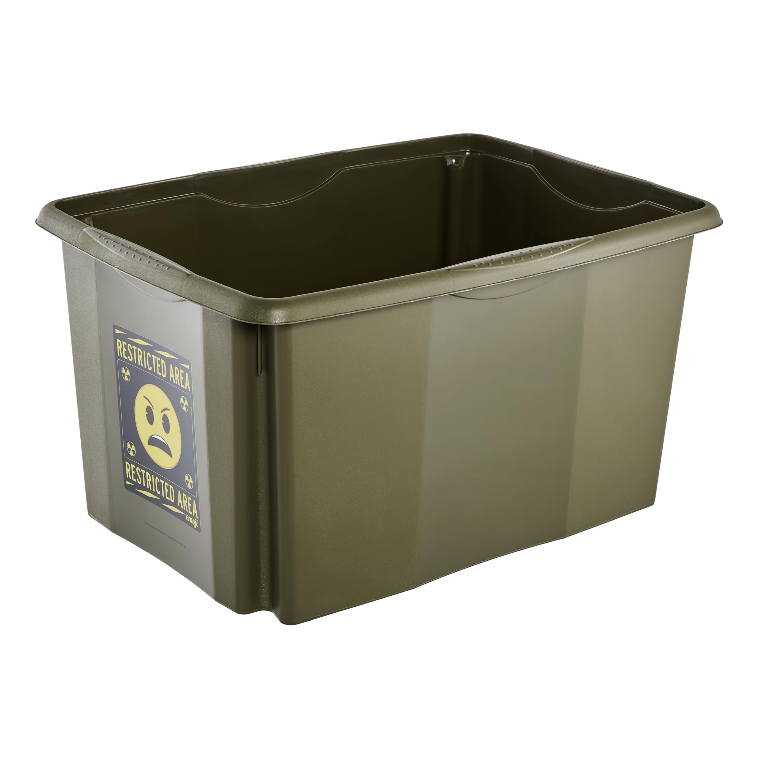 keeeper karolina storage box with lid, 45 l, stackable and nestable, Emoji Danger design, For children, Olive green (Olive)