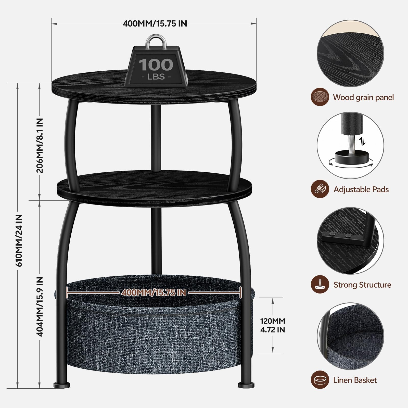 Yuede Side Table with Fabric Basket, Round End Table, 3 Tier Bedside Table, Coffee Table for Living Room, Bed Room, Modern, 40 x 61 cm, Black