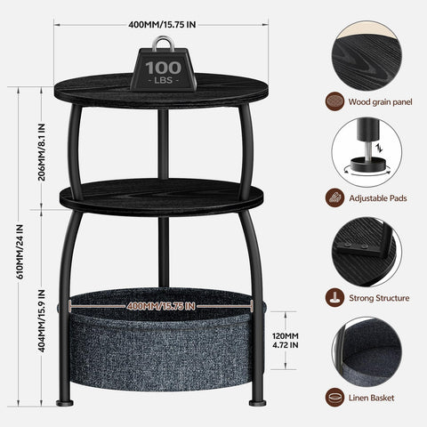 Yuede Side Table with Fabric Basket, Round End Table, 3 Tier Bedside Table, Coffee Table for Living Room, Bed Room, Modern, 40 x 61 cm, Black