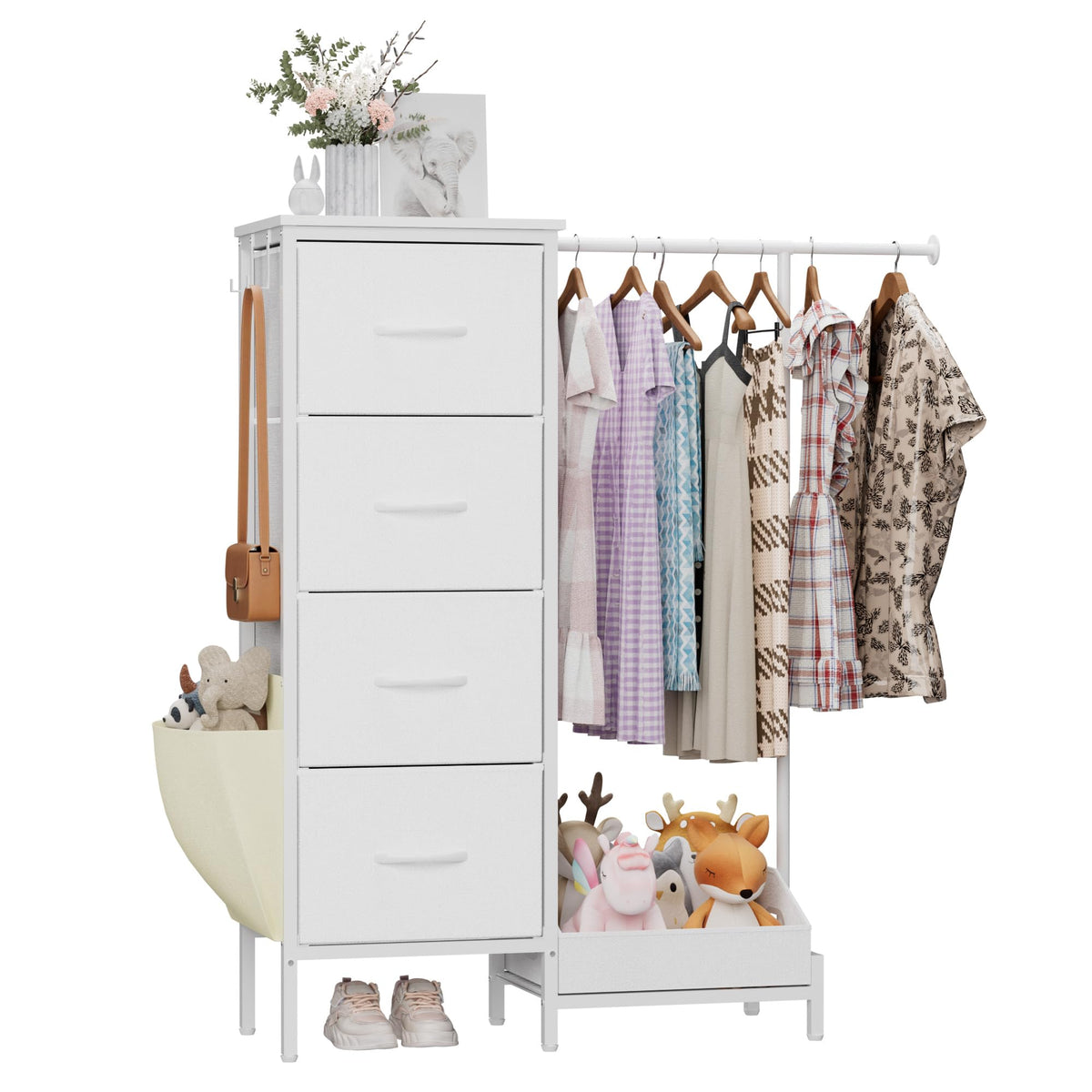 Chest of Drawers with Retractable Hanging Rail and 4 Fabric Drawers