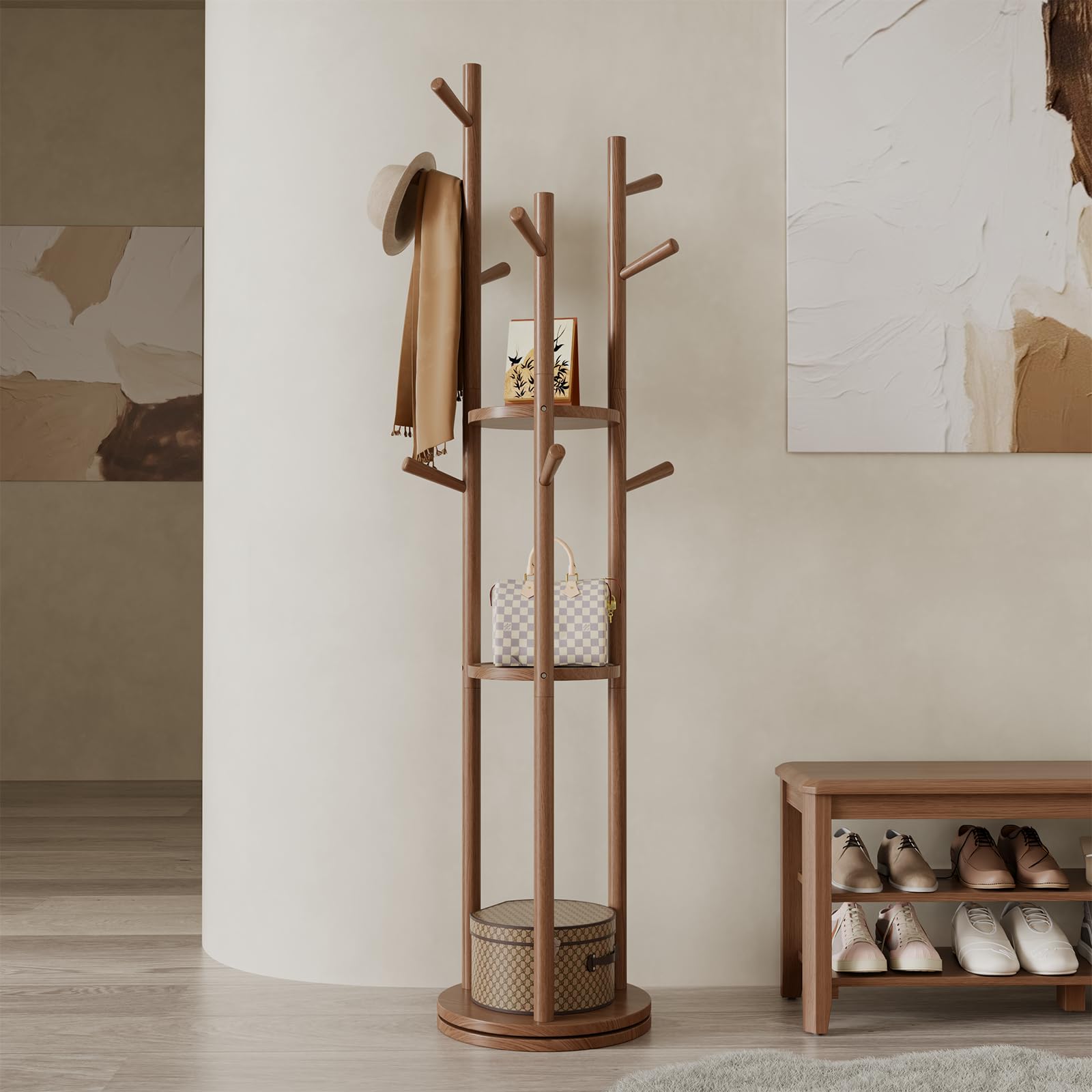 AQIMUELE Coat Stand, Wooden Coat Rack Stand with 3 Storage Shelves and 9 Hooks, Freestanding - Rotatable Coat Hanger Stand