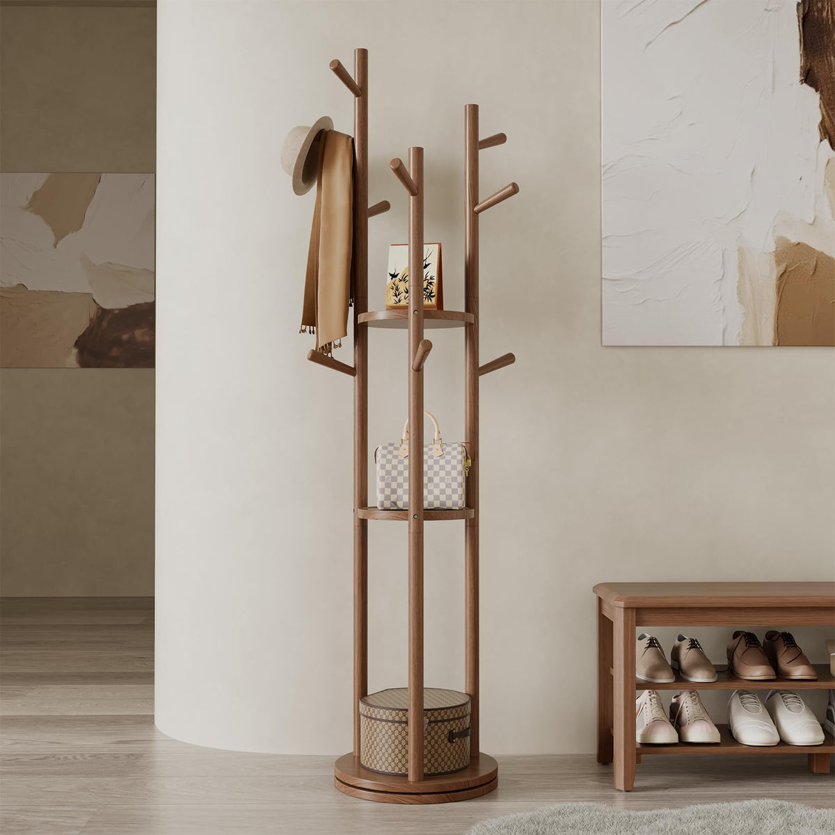 AQIMUELE Coat Stand, Wooden Coat Rack Stand with 3 Storage Shelves and 9 Hooks, Freestanding - Rotatable Coat Hanger Stand