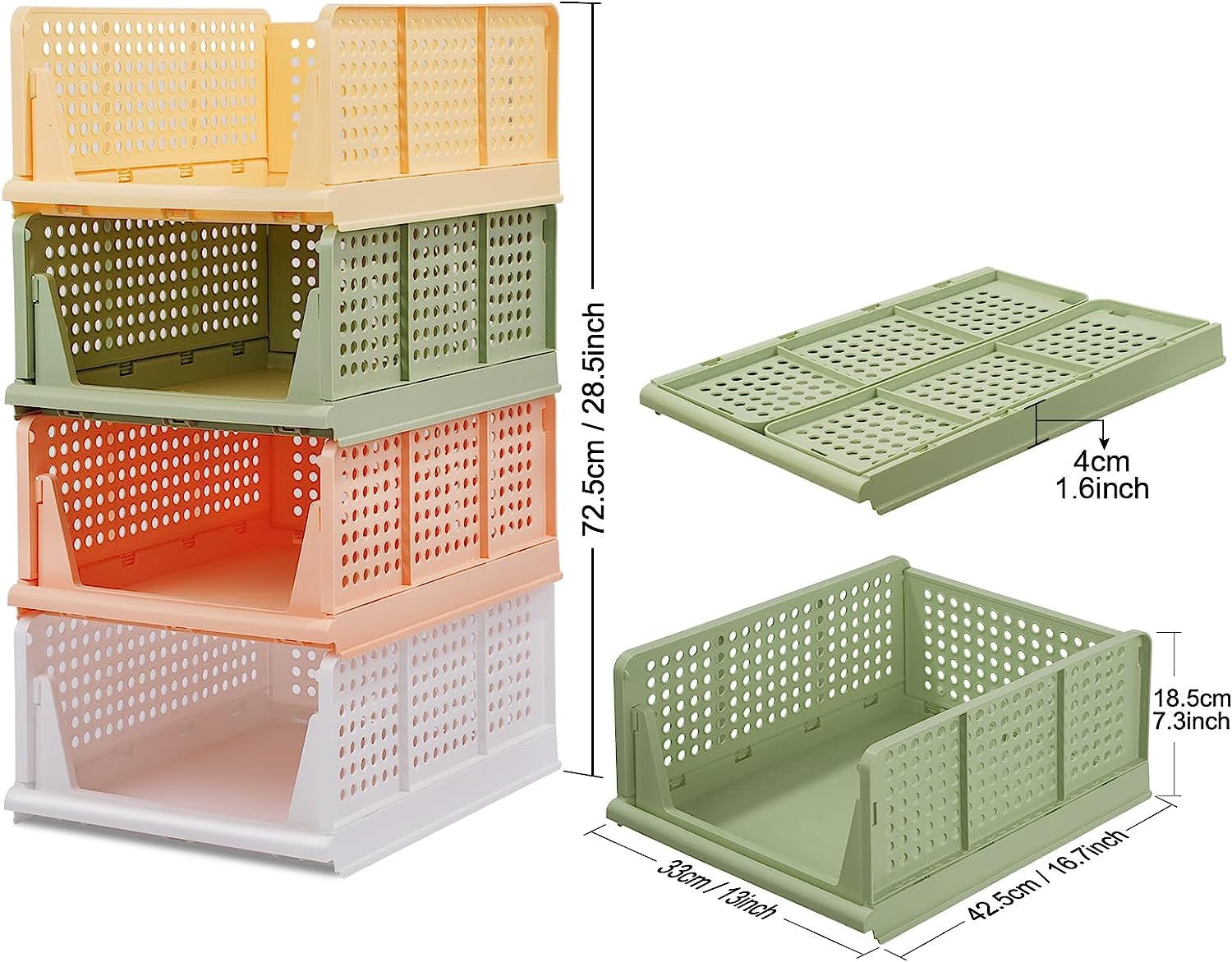 Set of 4 Stackable Foldable Wardrobe Storage Box Organizer (Easy Open and Folding), Plastic Cabinet Basket Shelves Closet Organiser Box