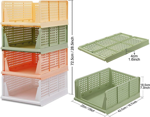 Set of 4 Stackable Foldable Wardrobe Storage Box Organizer (Easy Open and Folding), Plastic Cabinet Basket Shelves Closet Organiser Box
