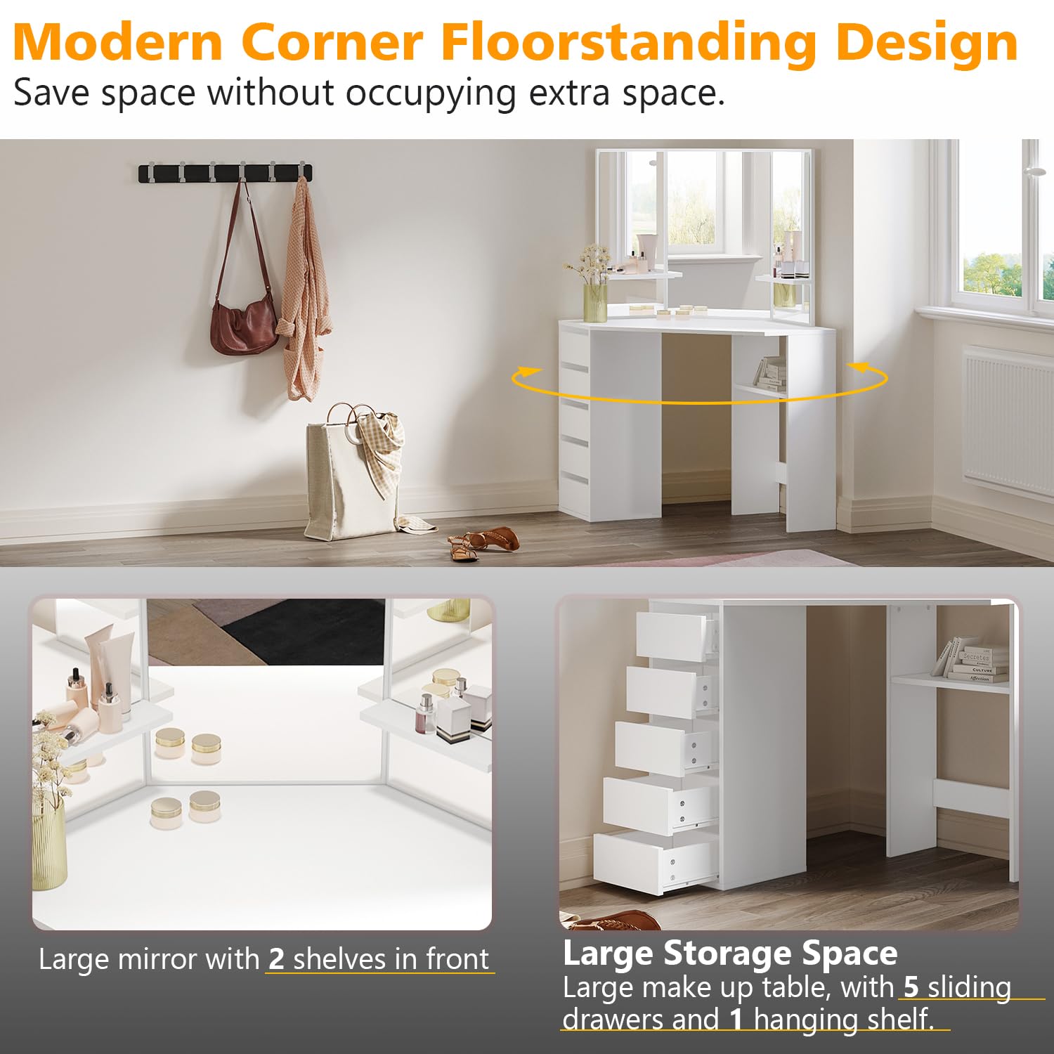 ELEGANT Corner Dressing Table with Mirror and 5 Drawers, 54x111x142cm
