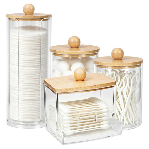 Yuaerbuo 4Pcs Cotton Bud Holder with Bamboo Lid, Cotton Swab/Ball/Pad Holder Dressing Table Accessories Compatible with Qtips Cottons Buds Organiser